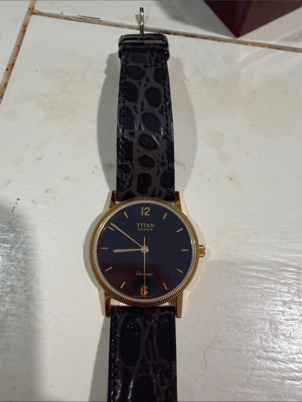 Titan Black Dial Watch with Gold-Tone Case and Black Patterned Strap